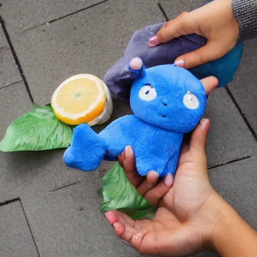 Image similar to blue'snappy gifts'plush doll, on sidewalk, giving gifts to people, happy atmosphere, high detail, soft lighting, 8 k