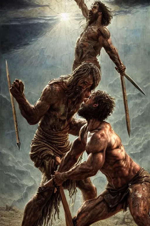 Image similar to hyperrealistic mixed media painting of biblical Cain stabbing Abel with a spear, masculine and rugged, stunning 3d render inspired art by P. Craig Russell and Barry Windsor-Smith + perfect facial symmetry + dim volumetric lighting, 8k octane beautifully detailed render, post-processing, extremely hyperdetailed, intricate, epic composition, grim yet sparkling atmosphere, cinematic lighting + masterpiece, trending on artstation, very very detailed, masterpiece, stunning