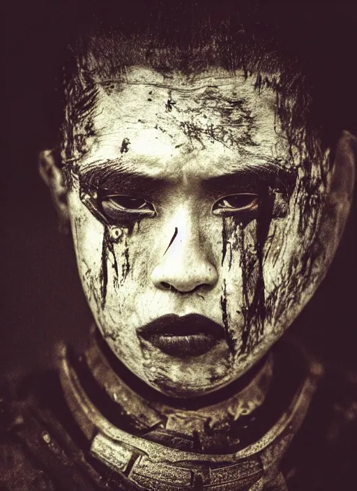 Image similar to samurai portrait photo, wearing all black mempo mask, after a battle, war scene, dirt and unclean, extreme detail, cinematic, dramatic lighting render, extreme photorealism photo by national geographic, paolo roversi, masterpiece