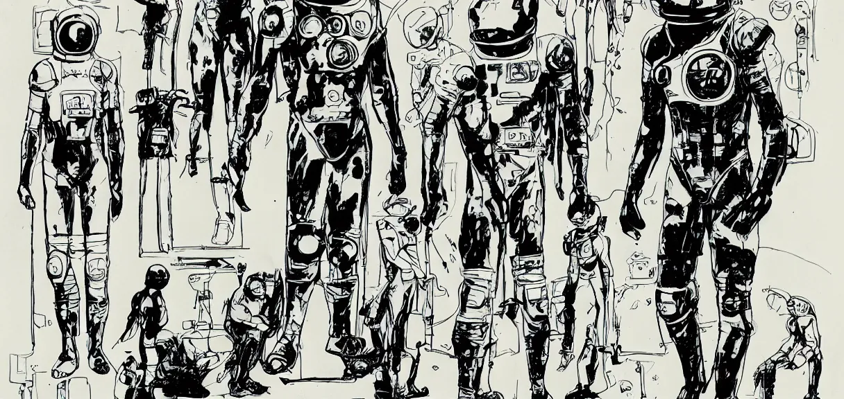 Image similar to male, full body, space suit with a modern helmet, character sheet, science fiction, very stylized, character design, pen and ink, digital painting, watercolor wash, by mike mignola, by alex maleev, jean giraud