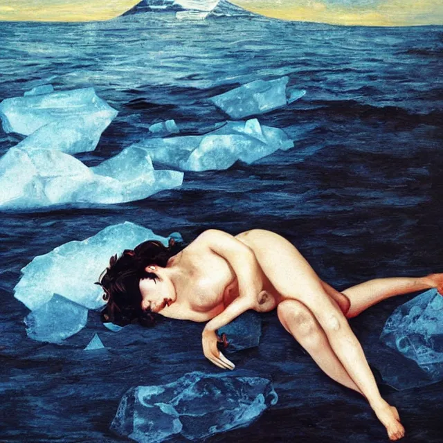 Prompt: iceberg, atlantic, night, a female art student falling asleep, titanic, black paint, sensual, cloudy, squashed berries, octopus, neo - impressionist, surrealism