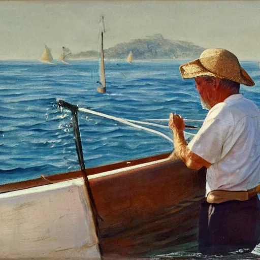 Image similar to old, skinny man with short gray beard, in straw hat, white shirt, swimming through ocean in medium fishing boat with small mast, from a distance, morning, scene from 1 9 5 2, oil painting, realism