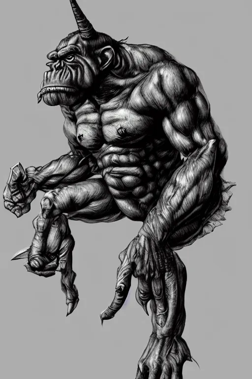 Image similar to humanoid hunched figure troll with 1 horn, ogre, ape, highly detailed, digital art, sharp focus, trending on art station, kentaro miura manga art style