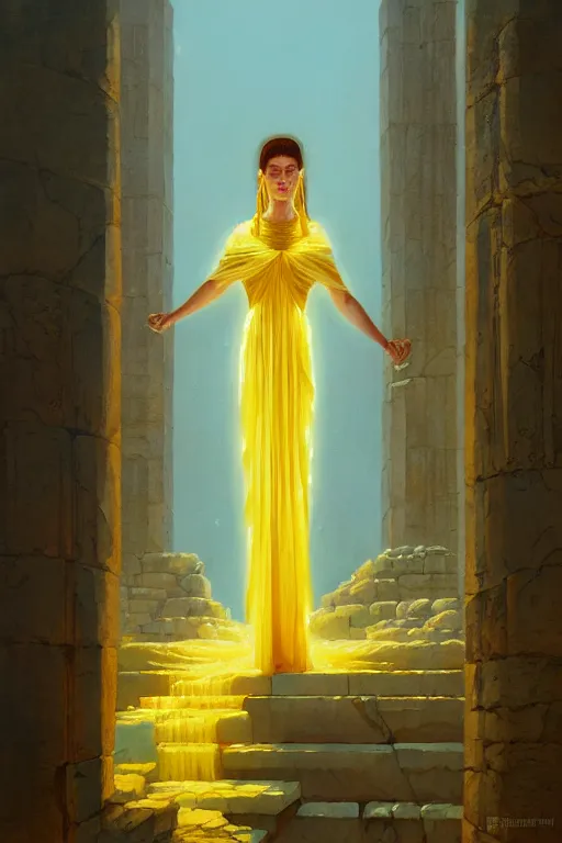 Prompt: high detail portrait of a possessed woman wearing an ancient greek tunic made of yellow paper, stephen bliss, fantasy art by greg rutkowski, rhads, ferdinand knab, makoto shinkai and lois van baarle, ilya kuvshinov, rossdraws, tom bagshaw, global illumination, radiant light, ancient greek temple ruins, green blue color theme