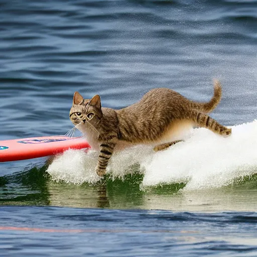 Prompt: an anthropomorphism cat by designed wayne westwood surfing a mega wave, photo taken from the shore, highly detailed photography, 3 0 0 mm, natural light, bokeh effect