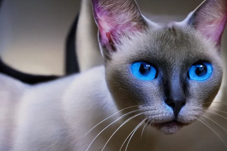 Image similar to beautiful Siamese cats sits on a Korg Kaoss Pad, Siamese cat with blue eyes stares into the camera, beautiful, Highly detailed, smoky, Cinematic. Balanced, 4k, balanced, Realistic, detailed.