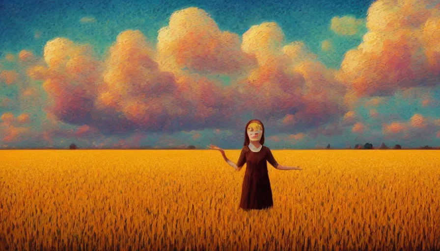 Prompt: girl with flower face in empty wheat field, surreal photography, colorful clouds, tree, impressionist painting, colorful clouds, digital painting, pointillism, sunset, artstation, simon stalenhag