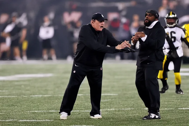 Prompt: Coach Belichick and coach Tomlin fighting with lightsabers on a football field, golden hour