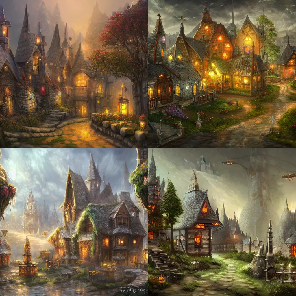 Prompt: fantasy city, 30 foot trees, cobblestone houses with wood tops, farms, large cemetery, trending on art-station, high definition, dungeons and dragons, award-winning digital art