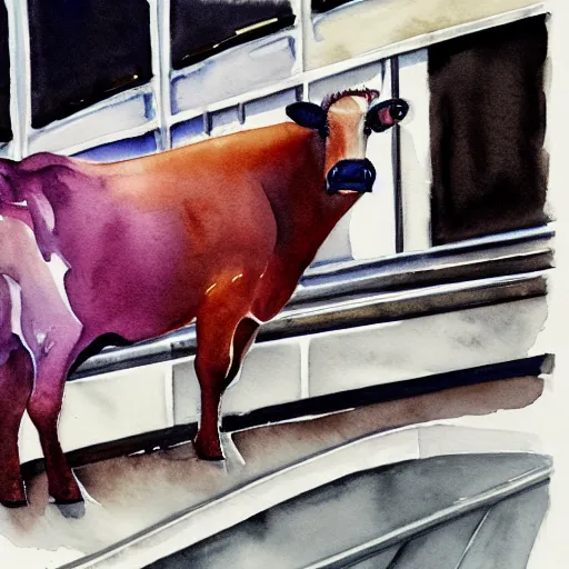 Prompt: watercolor painting of a cow on an escalator