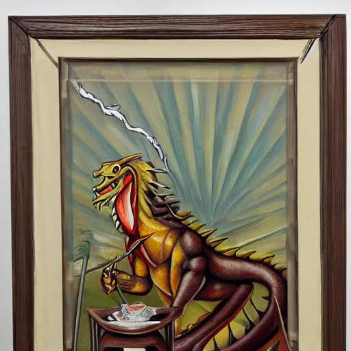 Image similar to art deco oil painting of a dragon smoking a cigar, intricate furniture
