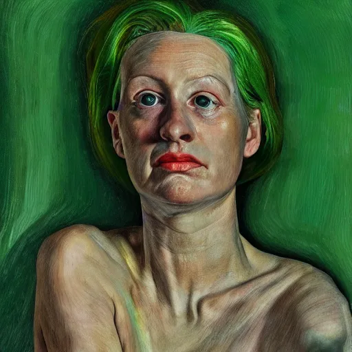 Image similar to high quality high detail painting by lucian freud, hd, green hair woman portrait, photorealistic lighting