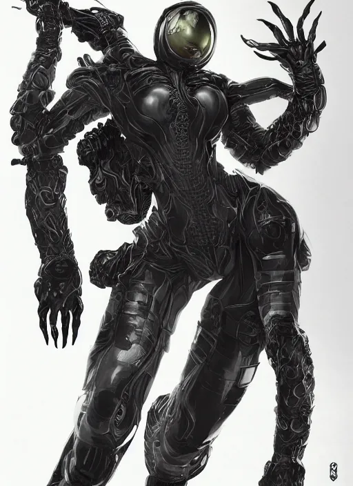 Image similar to high intricate venom with white sci - fi armor and black garment, space harbor, maria panfilova, andrea savchenko, mike kime, ludovic plouffe, qi sheng luo, oliver cook, julian calle, eddie mendoza, trending on artstation