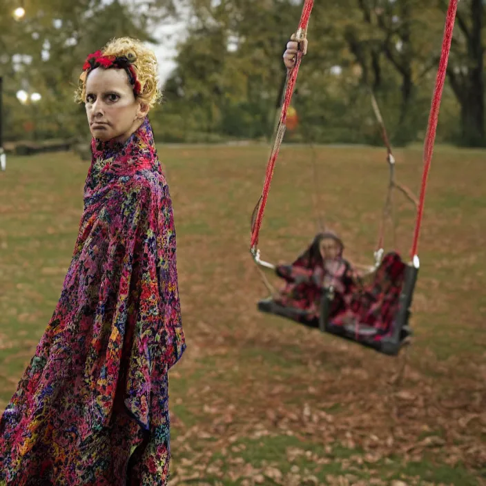 Prompt: a closeup portrait of a woman wearing a cloak made of ribbons, staring at an empty swing playground, color photograph, by vincent desiderio, canon eos c 3 0 0, ƒ 1. 8, 3 5 mm, 8 k, medium - format print