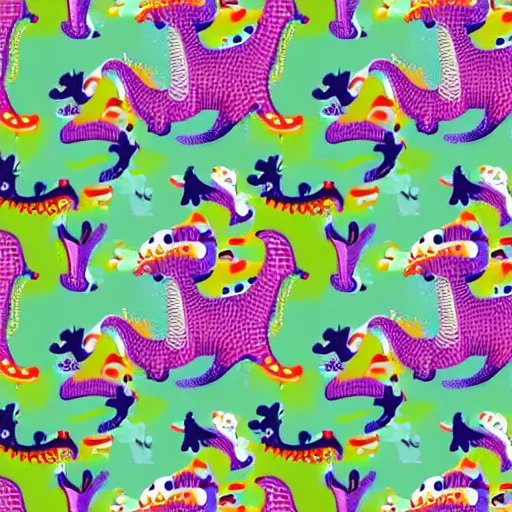 Image similar to a colourful dinosaur pattern in the style of murakami