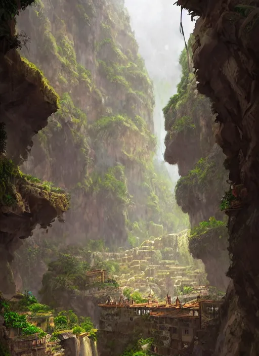 Prompt: medieval city built on terraces in a gigantic canyon, lots of buildings connected by hanging bridges, waterfalls, warm glow coming the ground, lush vegetation, pitchblack sky, extremly detailed digital painting, in the style andreas rocha and greg rutkowski, colors by peter mohrbacger, rim light, beautiful lighting, 8 k, stunning scene, octane, trending on artstation