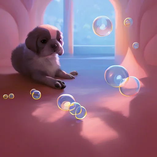 Prompt: puppy with bubbles, behance hd by jesper ejsing, by rhads, makoto shinkai and lois van baarle, ilya kuvshinov, rossdraws global illumination