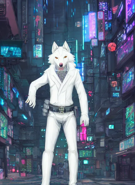 Image similar to character portrait of a male anthro albino wolf fursona with a tail and a cute beautiful attractive detailed furry face wearing stylish cyberpunk clothes in a cyberpunk city at night while it rains. hidari, color page, tankoban, 4K, tone mapping, Akihiko Yoshida. Nomax, Kenket, Rukis. comic book style, photorealistic, professional lighting, hyperdetailed, high resolution, high quality, dramatic, deviantart, artstation, 4k, real photo