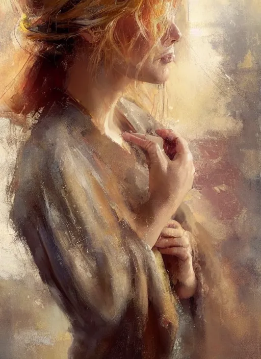Image similar to painting of a gorgeous woman with golden hair in two buns wearing a poncho, blowing a kiss towards the viewer, by Jeremy Mann, stylized, detailed, realistic, loose brush strokes, intricate, intimate, aummer vibes, bold colors