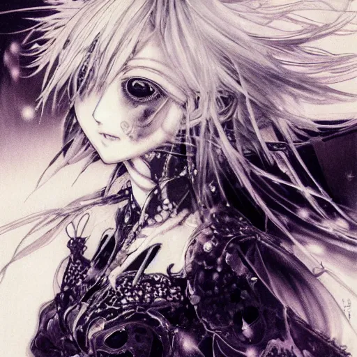 Image similar to yoshitaka amano blurred and dreamy illustration of an anime girl with pirate eye patch, wavy white hair and cracks on her face wearing elden ring armour with the cape fluttering in the wind, abstract black and white patterns on the background, noisy film grain effect, highly detailed, renaissance oil painting, weird portrait angle