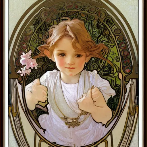 Image similar to art nouveau painting by Alphonse Mucha of a little boy with blonde hair and a round cherubic face. The painting is framed by flowers. Soft, muted colors, dreamy aesthetic.