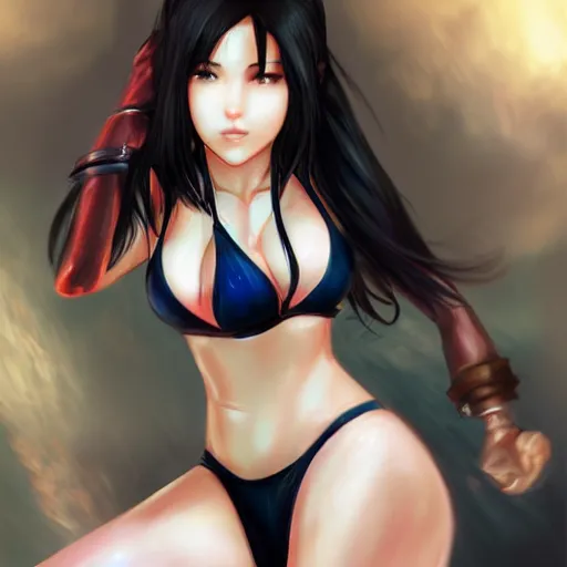 Prompt: beautiful tifa from final fantasy in a bikini, drawn by charlie bowater