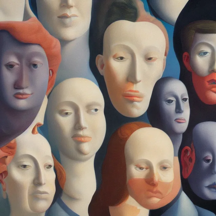 Prompt: group of people pictured in afternoon light, close - up of the faces, anatomically and proportionally correct, surrealist oil painting by james jean, dora maar and rene magritte, detailed, cgsociety,