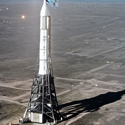 Prompt: a gigantic birthday candle on the launch pad for the Apollo 11 mission