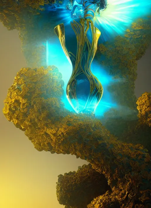 Image similar to flowers within the whole infinite capsule apparent with awe the apparition, an idea seep's into infinity highly detailed in volumetric latent space, golden turquoise steampunk, high contrast cinematic light, mystical shadows, sharp focus, divine realm of gods, octane render, artist by boris vallejo,