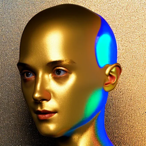 Image similar to 3d render of holographic human robotic head made of glossy iridescent, surrealistic 3d illustration of a human face non-binary, non binary model, 3d model human, cryengine, made of holographic texture, holographic material, holographic rainbow, concept of cyborg and artificial intelligence