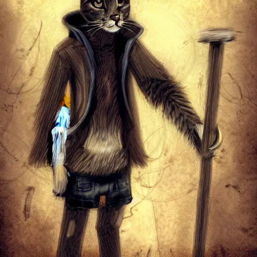 Image similar to digital art, humanoid homeless cat, concept art, d & d, fantasy