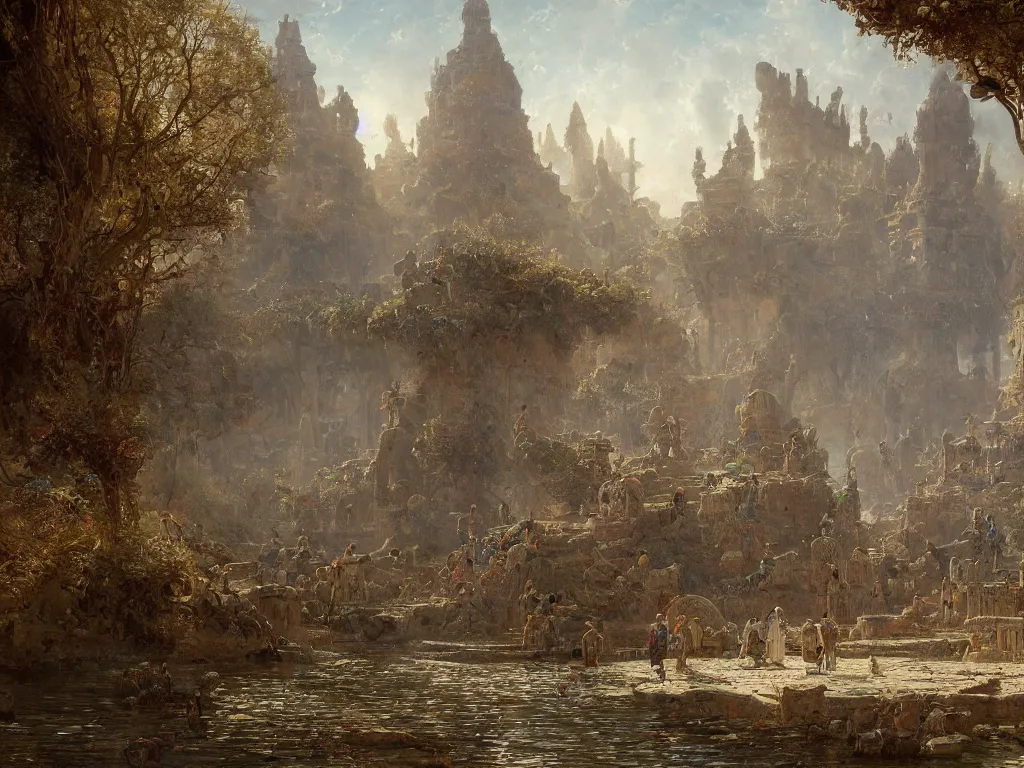 Image similar to detailed painting of a multiverse gateway in ancient mesopotamia in the middle of a sulphur lake, filigree ornaments, andreas achenbach, simon stalenhag