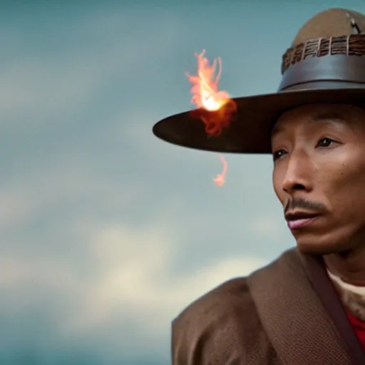 Image similar to cinematic film still Pharrell Williams starring as a Samurai holding fire, Japanese CGI, VFX, 2003, 40mm lens, shallow depth of field,film photography