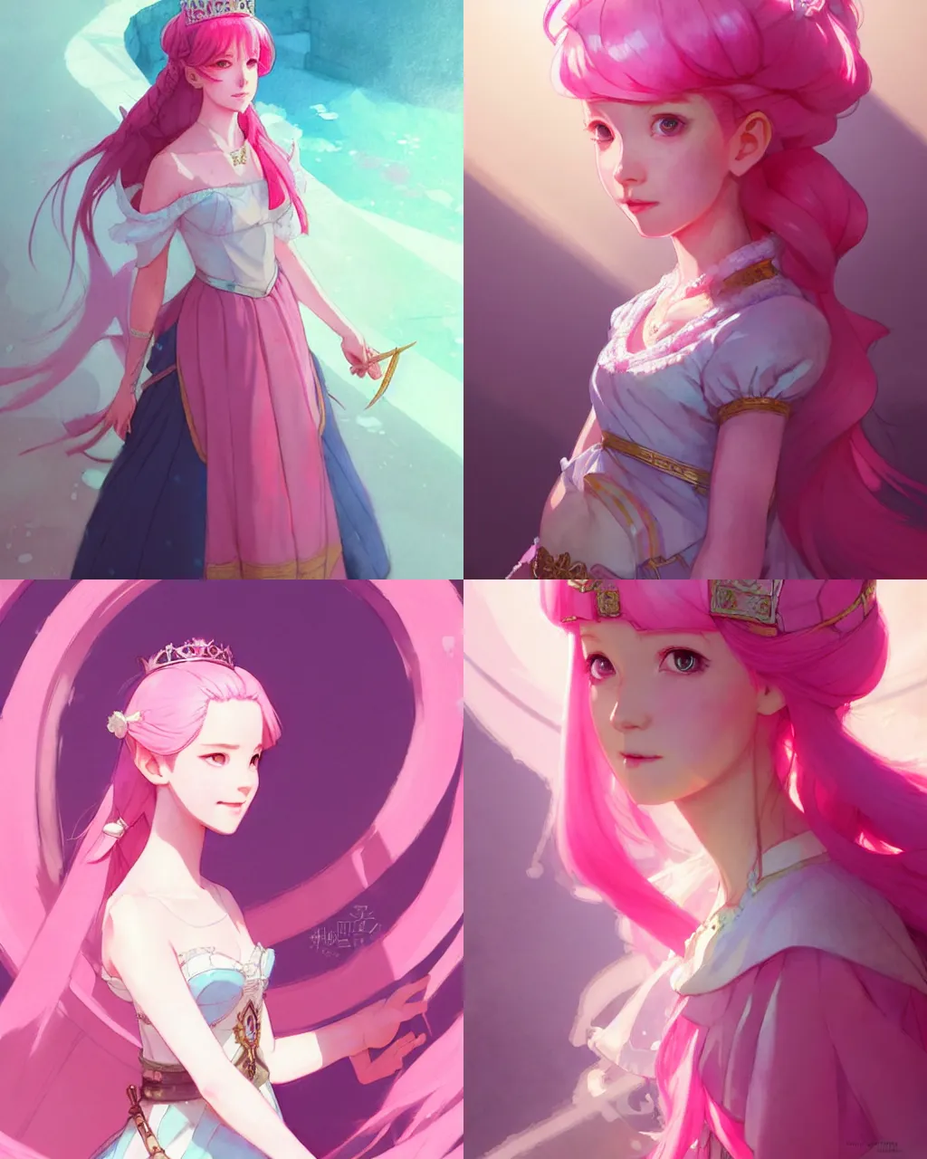 Prompt: portrait of a girl with pink hair and princess dress in the palace, illustration, top lighting, perfect shadow, leaning towards watercolor, art by hidari and krenz cushart and wenjun lin and starember