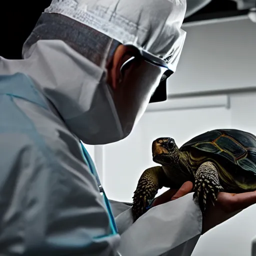 Image similar to doctor using a stethoscope to examine a tortoise under bright operating room lights, closeup, wide angle, backlit