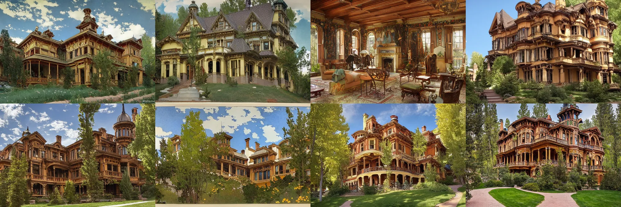 Prompt: a beautiful 1800s mansion in Aspen by alphonse mucha