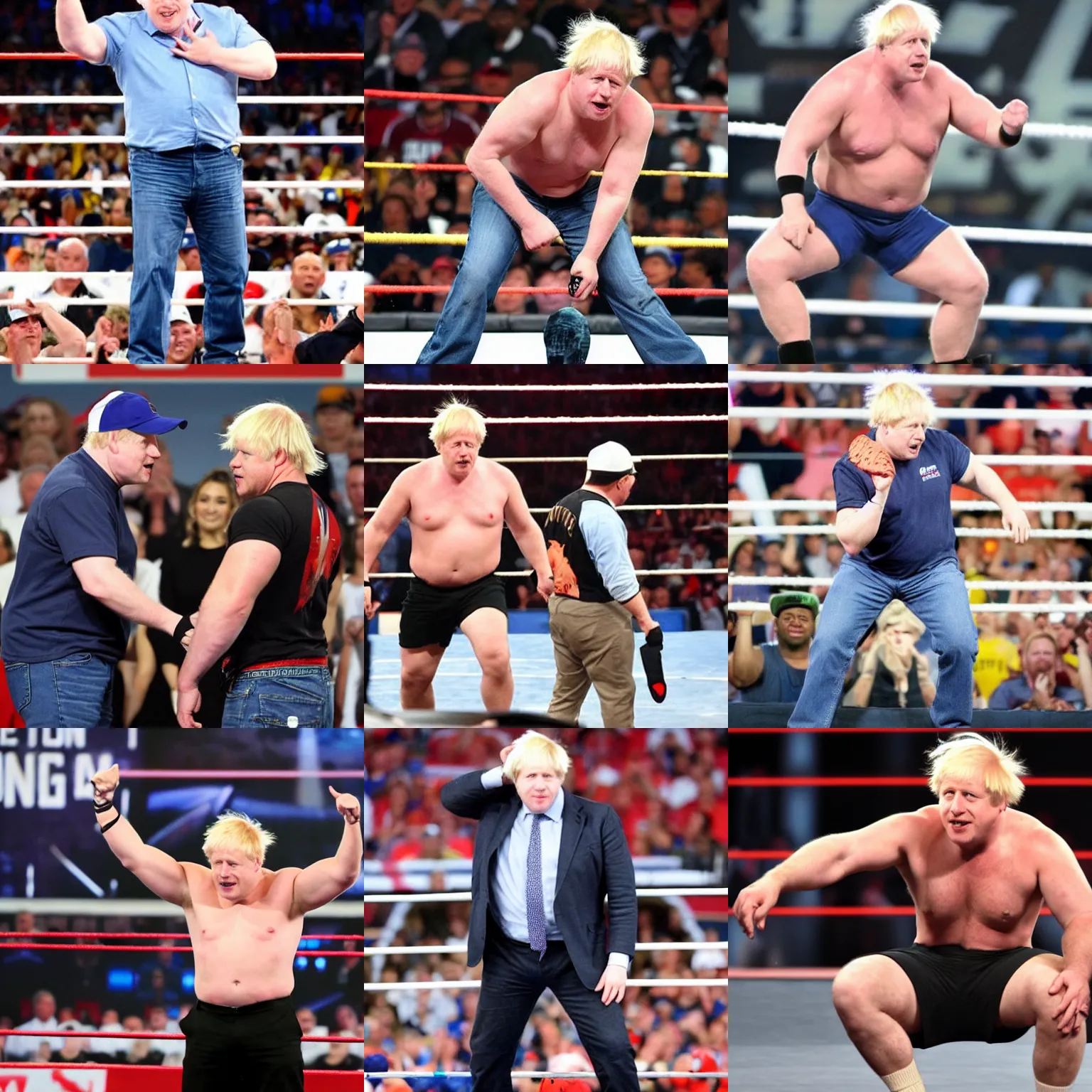 Prompt: boris johnson wearing a baseball cap hat and jeans in wwe as a muscular wrestler. he is holding one hand near his head