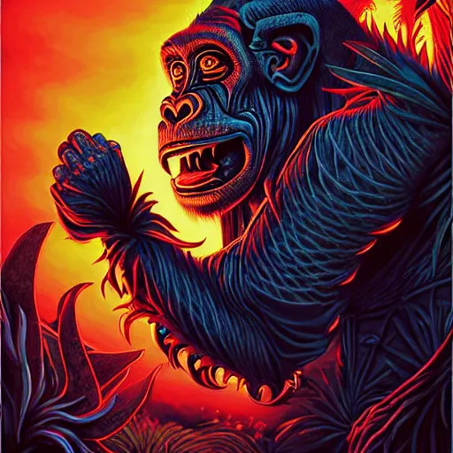 Image similar to barong family member, wiwek, mara demon, one single tribe member, jungle, one single mask, dark, ancient warrior, gorilla, lizard, tribal, inner glow, art by dan mumford and justin gerard