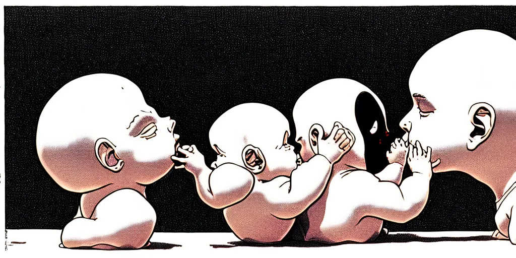 Prompt: dead moebius kissing baby moebius by moebius