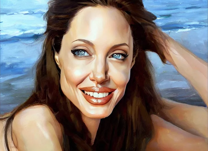 Image similar to a highly detailed beautiful portrait of angeline jolie, with abs, smiling, by gregory manchess, james gurney, james jean