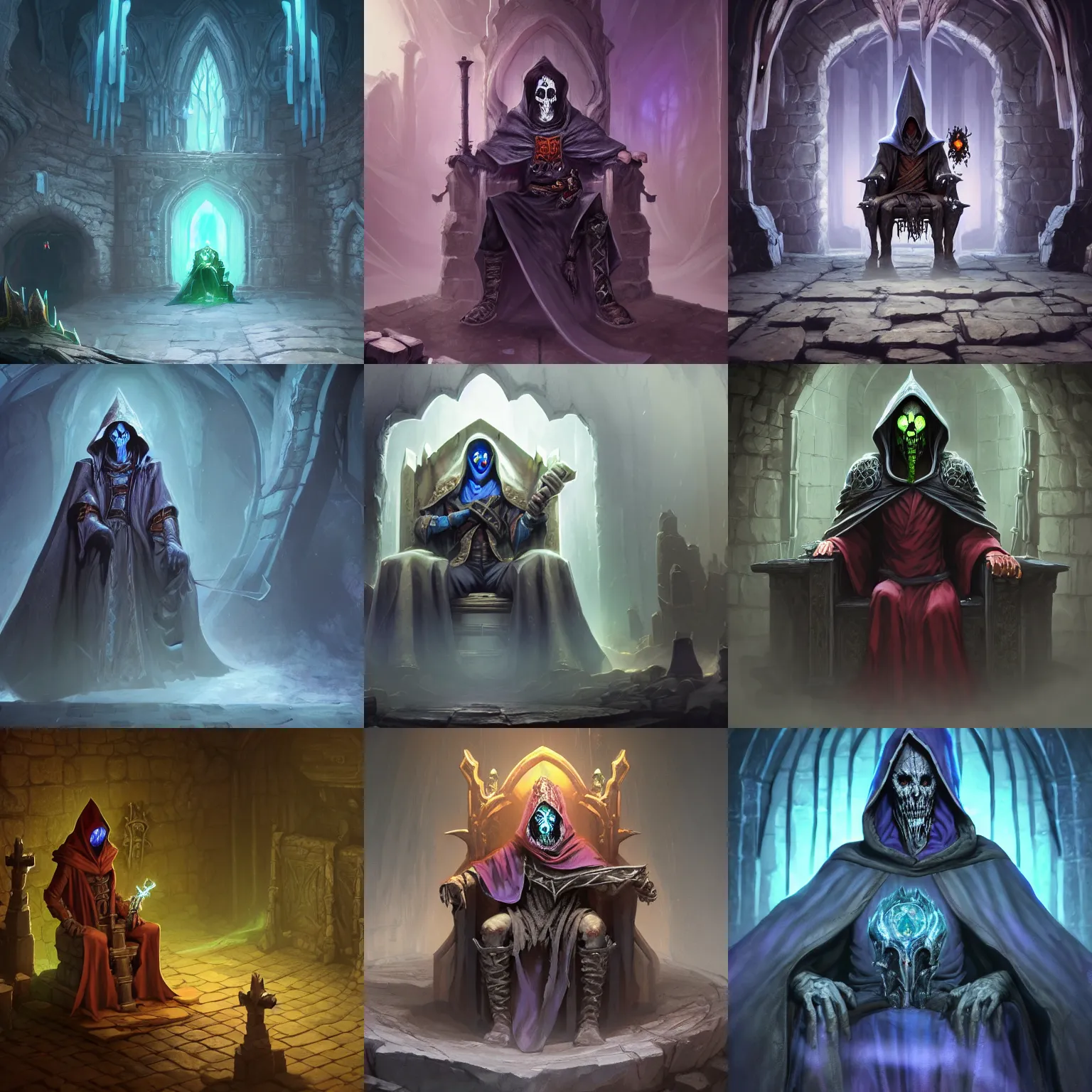 Prompt: lich wizard necromancer sitting on a throne inside dungeon crypt, wearing a stained hood, gray stone wall behind him by Stanley Artgerm Lau, WLOP, Rossdraws, James Jean, Andrei Riabovitchev, Marc Simonetti, and Sakimichan, Unreal Engine, 4k, trending on Artstation