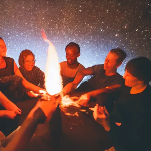 Prompt: photograph of people bonding around a firecircle, kismet