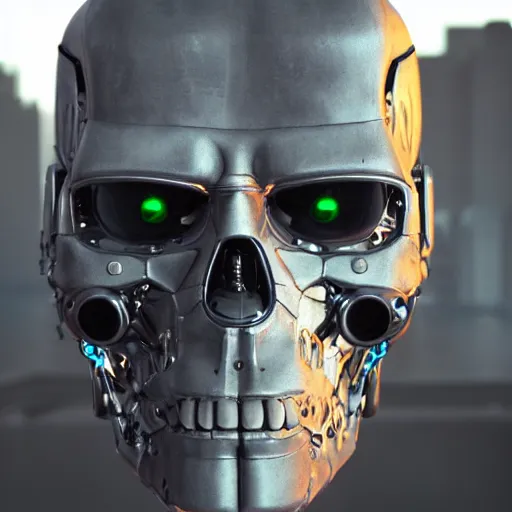 Image similar to portrait of a terminator with borg enhancements, gears are visible inside it's head, ultra detailed 8k. There is a dystopian city in the background. Rendered with unreal 5 engine with ray tracing and tessellation