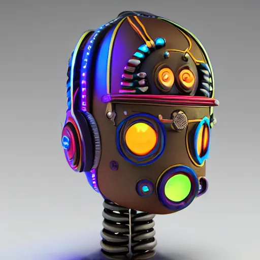 Image similar to a claymodel of a steampunk spaced out futuristic robot head wearing headphones and multicolored tubes, 8 k, front view, symetrical, flourescent colors, halluzinogenic, multicolored, exaggerated detailed, front shot, 3 d render, octane