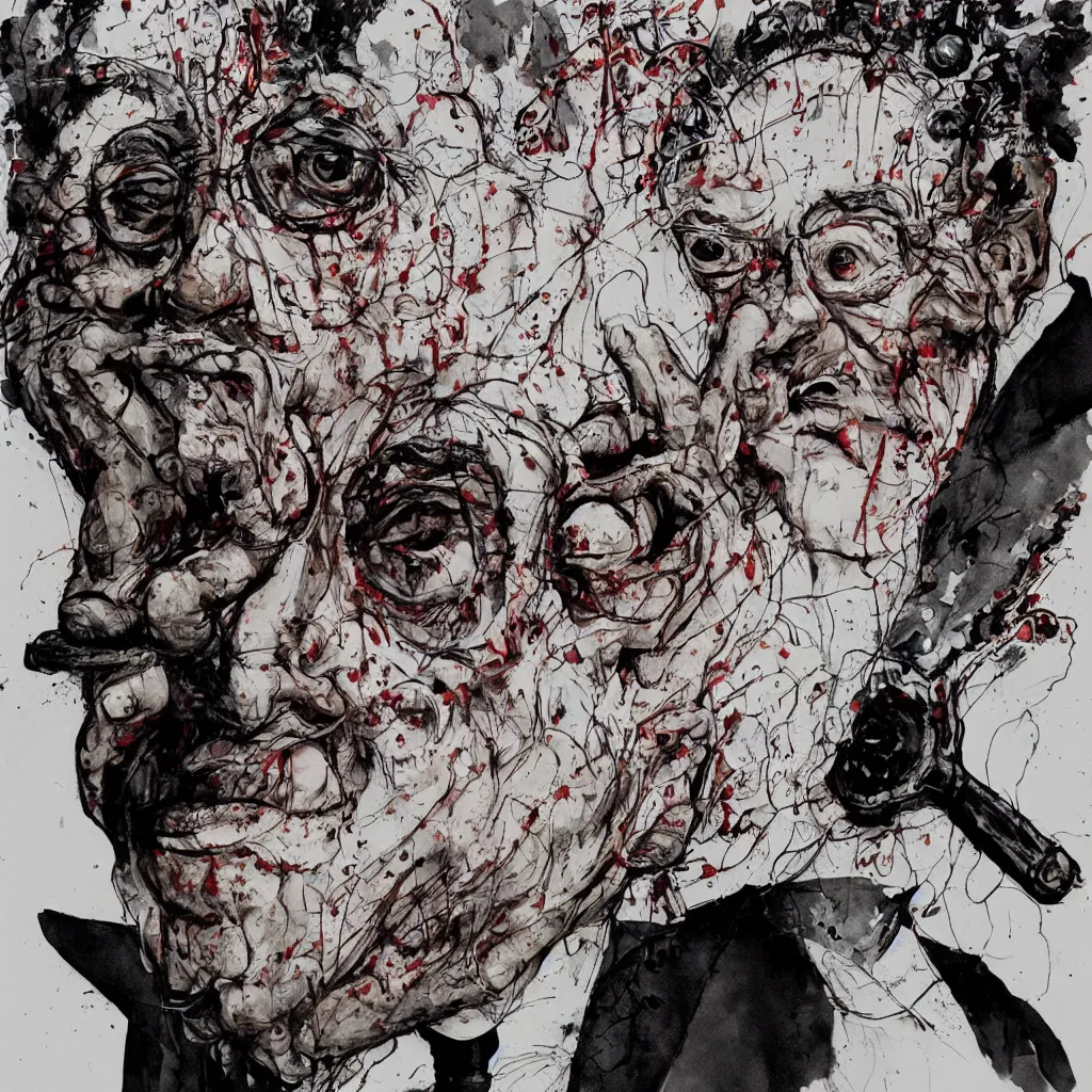 Image similar to George Soros by Ralph Steadman, illustration, body horror, biopunk, 8k , trending on artstation