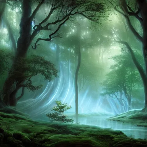 Prompt: a beutiful magical forest with a blue power source with runes on the side and a magical river by the side foggy realistic atmosferic casper david friedrich raphael lacoste vladimir kush leis royo volumetric light effect broad light oil painting painting fantasy art style sci - fi art style realism artwork unreal engine