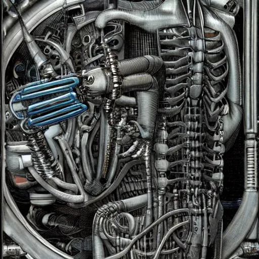 Image similar to a robot with a creepy smile laying down performing an operation on itself, metal, intricate, by h. r. giger