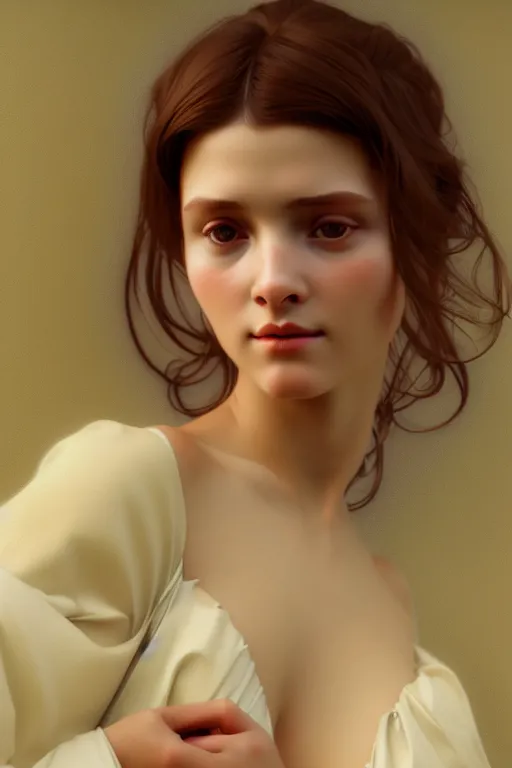 Image similar to cute girl portrait with open chest white ancient clothes by Alphonse Mucha and Octane Render