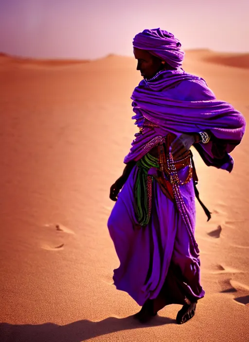 Prompt: full lenght a old tuareg woman, flowing clothes, many fabric, stones near foot, wind, stands on sand, full body shot, nomads, many peonies, flowers buds, dark background, pastel purple colour scheme, masterpiece, photo by steve mccurry, vogue, artstation, cinestill, moviestill, wide angle lens, bokeh, sharp
