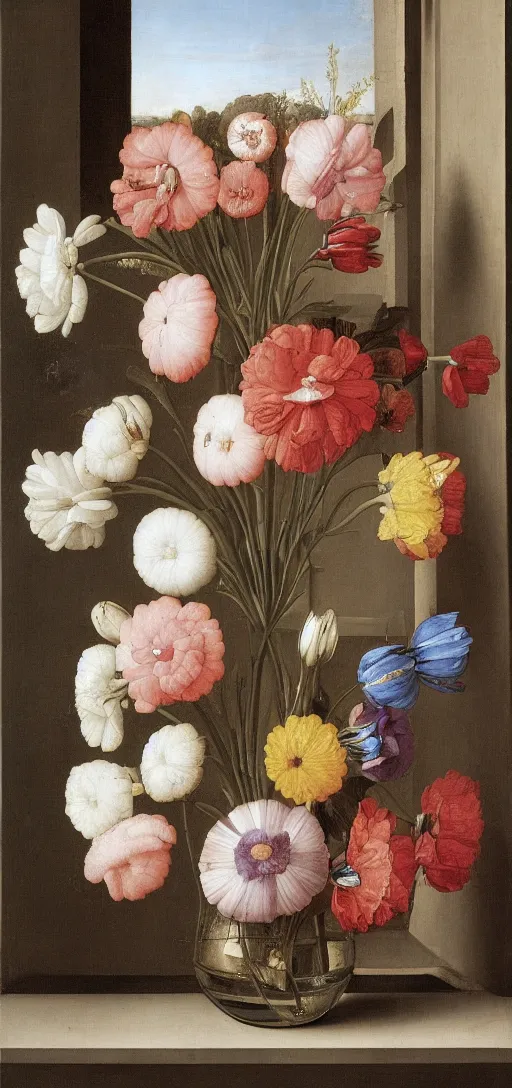 Prompt: vase of flowers in a window, by ambrosius bosschaert the elder